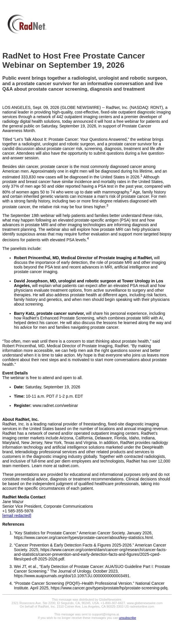 RadNet to Host Free Prostate Cancer Webinar on September 19, 2026 email from RadNet screenshot