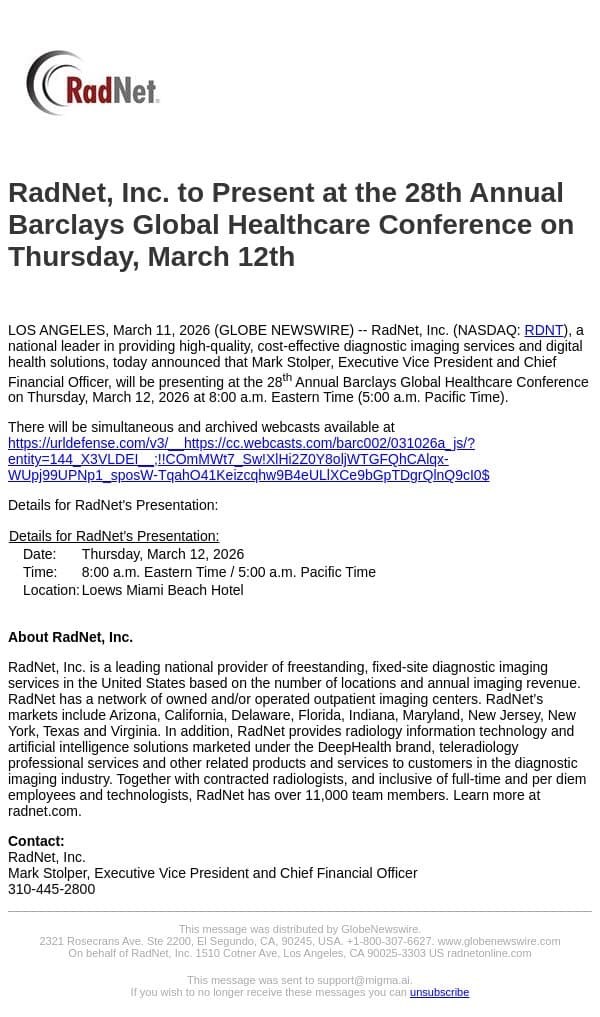RadNet, Inc. to Present at the 28th Annual Barclays Global Healthcare Conference on Thursday, March 12th email from RadNet screenshot