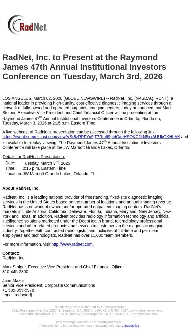 RadNet, Inc. to Present at the Raymond James 47th Annual Institutional Investors Conference on Tuesday, March 3rd, 2026 email from RadNet screenshot