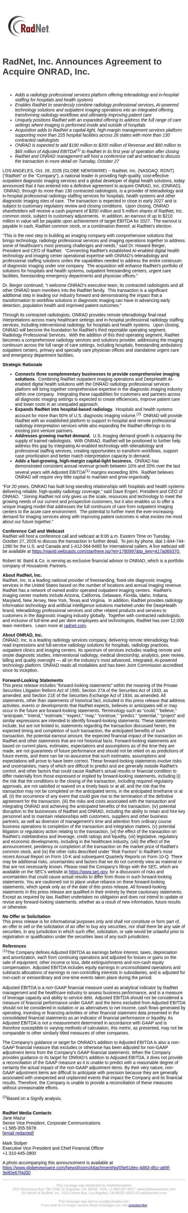 RadNet, Inc. Announces Agreement to Acquire ONRAD, Inc. — RadNet email ...