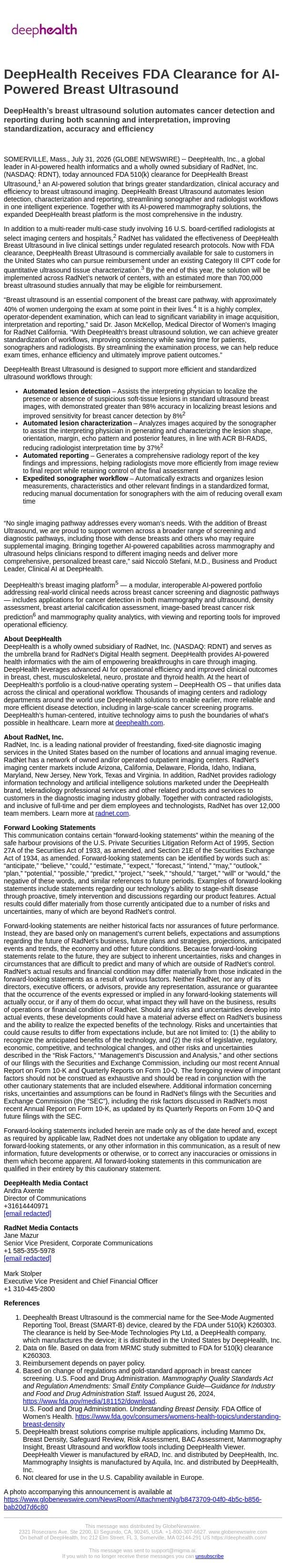 DeepHealth Receives FDA Clearance for AI-Powered Breast Ultrasound email from RadNet screenshot
