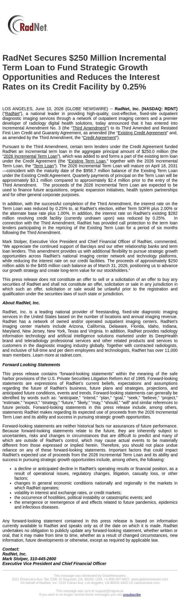 RadNet Secures $250 Million Incremental Term Loan to Fund Strategic Growth Opportunities and Reduces the Interest Rates on its Credit Facility by 0.25% email from RadNet screenshot