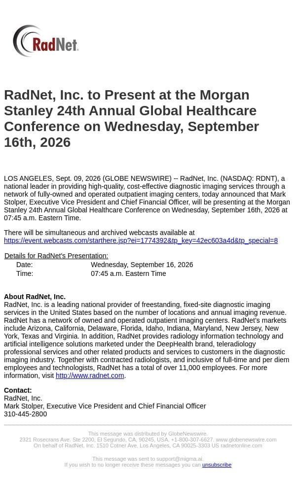 RadNet, Inc. to Present at the Morgan Stanley 24th Annual Global Healthcare Conference on Wednesday, September 16th, 2026 email from RadNet screenshot