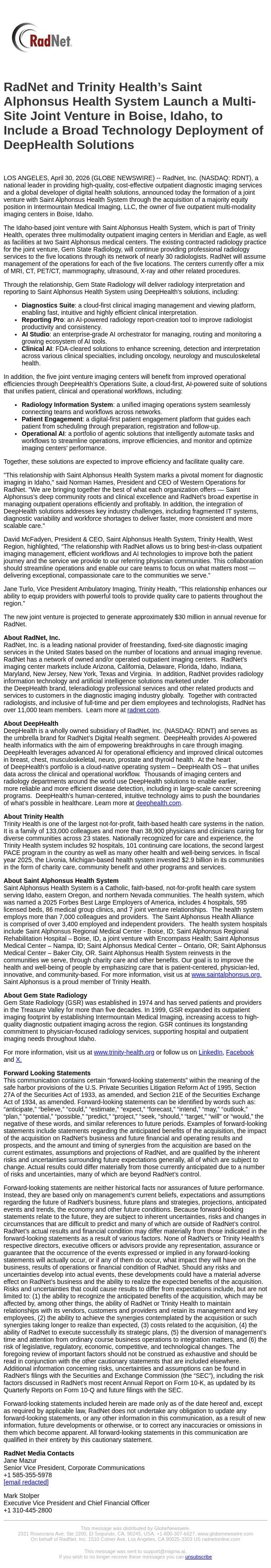 RadNet and Trinity Health’s Saint Alphonsus Health System Launch a Multi-Site Joint Venture in Boise, Idaho, to Include a Broad Technology Deployment of DeepHealth Solutions email from RadNet screenshot