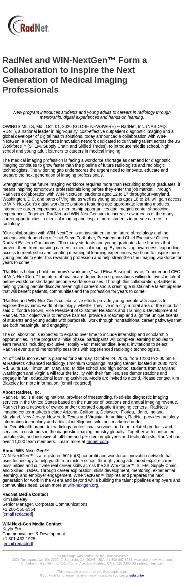 RadNet and WIN-NextGen™ Form a Collaboration to Inspire the Next Generation of Medical Imaging Professionals email from RadNet screenshot