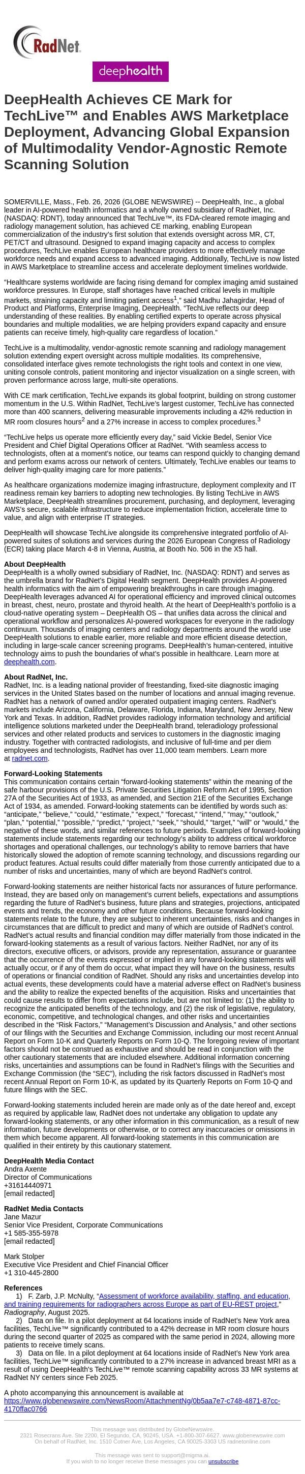 DeepHealth Achieves CE Mark for TechLive™ and Enables AWS Marketplace Deployment, Advancing Global Expansion of Multimodality Vendor-Agnostic Remote Scanning Solution email from RadNet screenshot