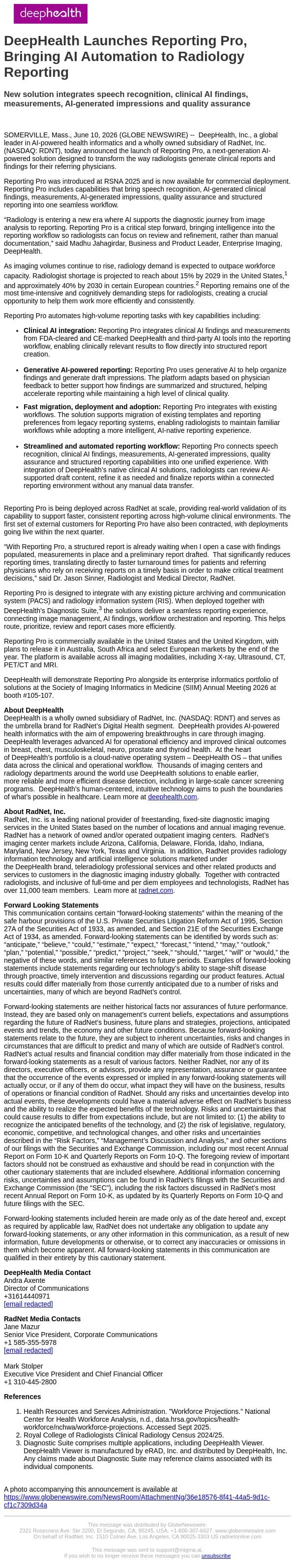 DeepHealth Launches Reporting Pro, Bringing AI Automation to Radiology Reporting email from RadNet screenshot