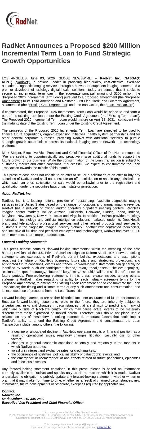 RadNet Announces a Proposed $200 Million Incremental Term Loan to Fund Strategic Growth Opportunities email from RadNet screenshot