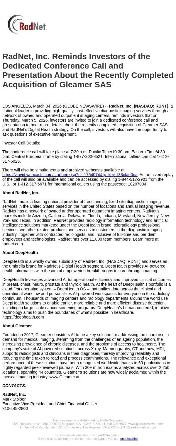 RadNet, Inc. Reminds Investors of the Dedicated Conference Call and Presentation About the Recently Completed Acquisition of Gleamer SAS email from RadNet screenshot