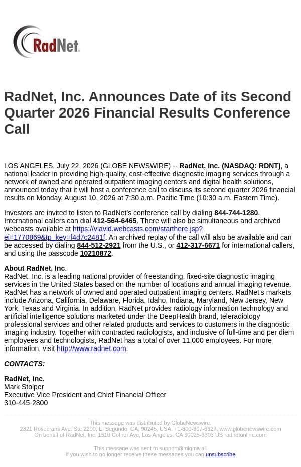 RadNet, Inc. Announces Date of its Second Quarter 2026 Financial Results Conference Call email from RadNet screenshot