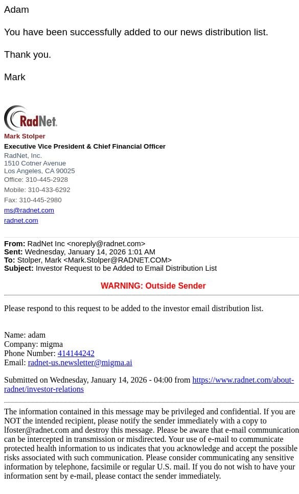 RadNet: Investor Request to be Added to Email Distribution List email from RadNet screenshot