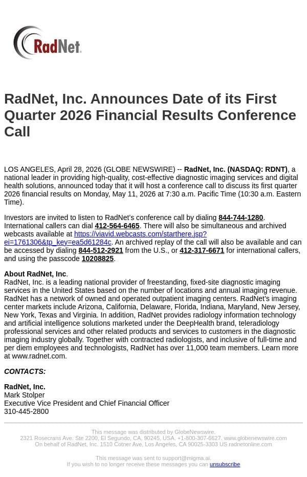 RadNet, Inc. Announces Date of its First Quarter 2026 Financial Results Conference Call email from RadNet screenshot