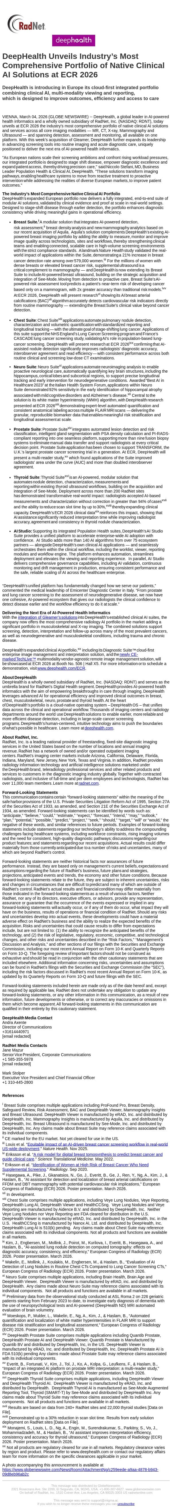 DeepHealth Unveils Industry’s Most Comprehensive Portfolio of Native Clinical AI Solutions at ECR 2026 email from RadNet screenshot