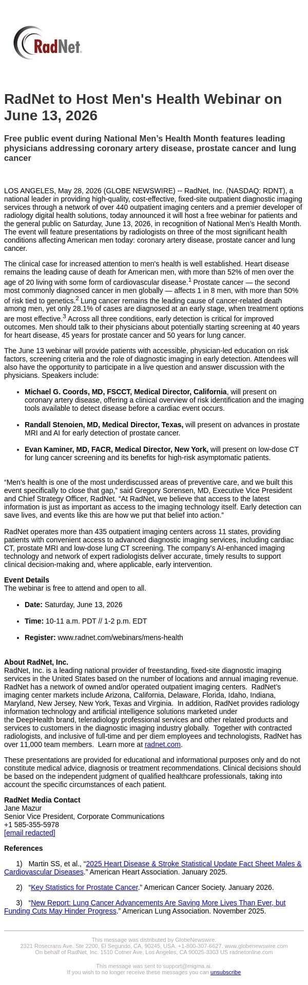 RadNet to Host Men's Health Webinar on June 13, 2026 email from RadNet screenshot