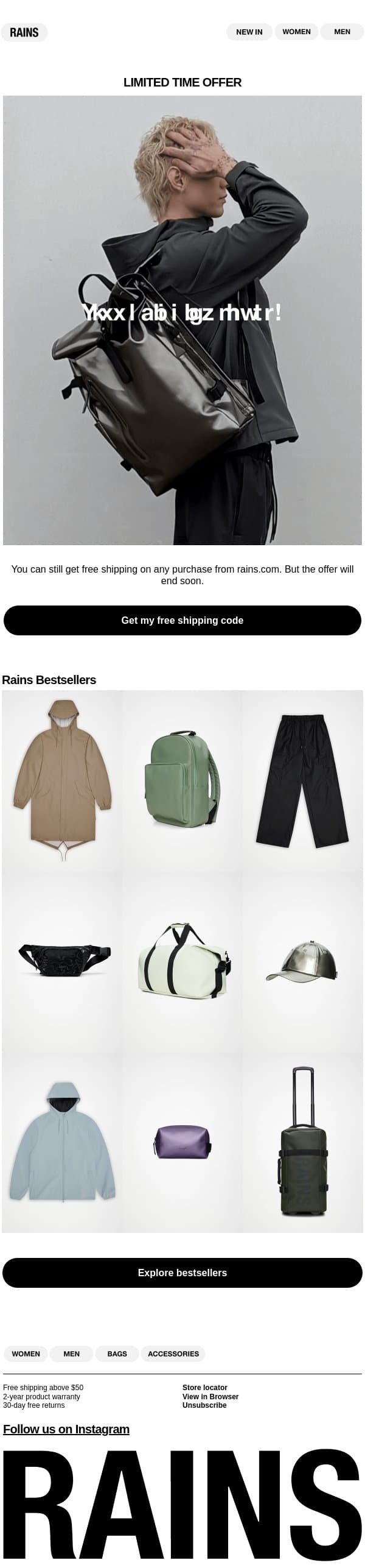 Your free shipping is still waiting email from Rains screenshot