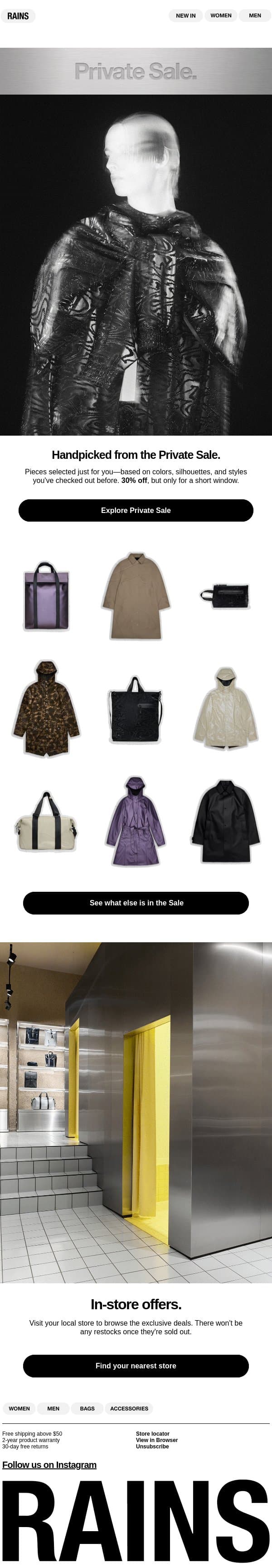 What's in the Private Sale? email from Rains screenshot
