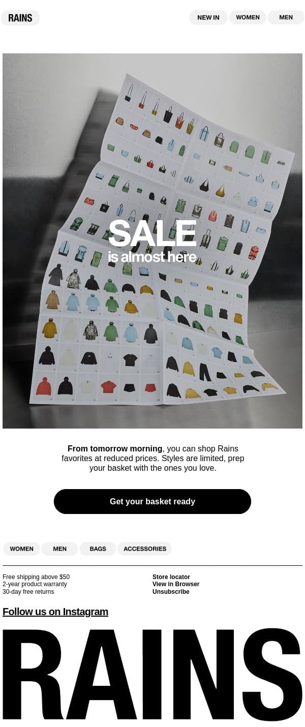 Forecast says Sale. email from Rains screenshot