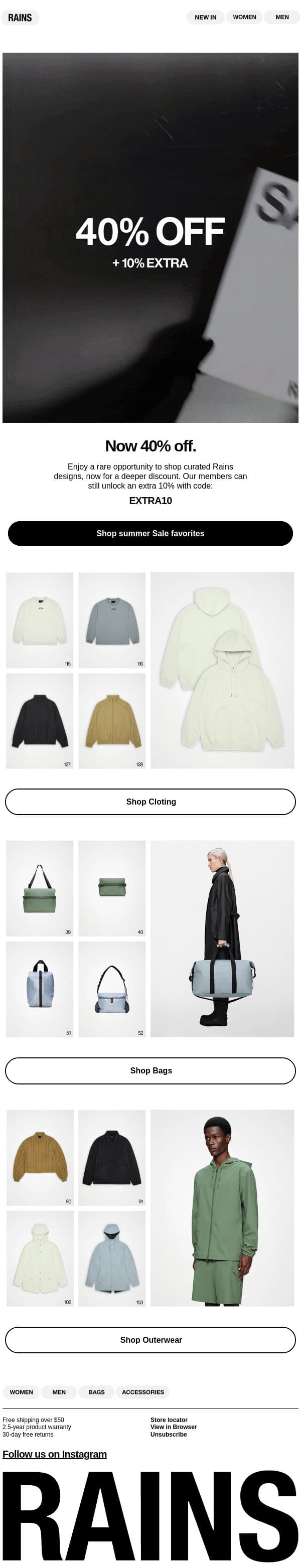 Now 40% off. email from Rains screenshot