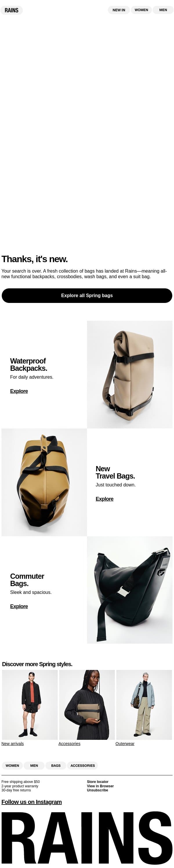 What's new? Bags edition. email from Rains screenshot