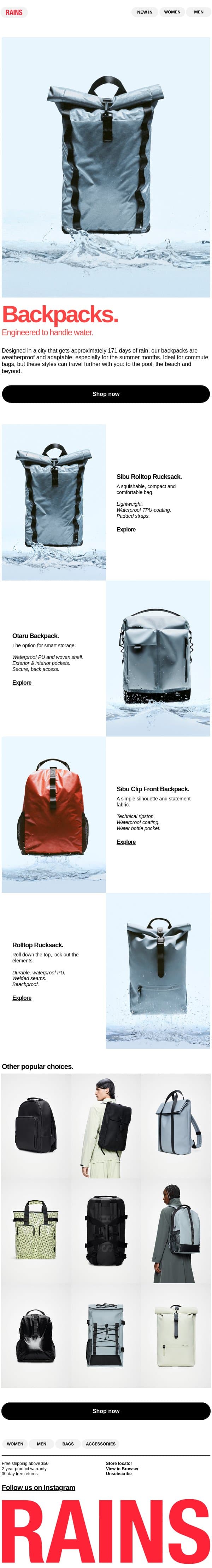 100% Backpacks. email from Rains screenshot