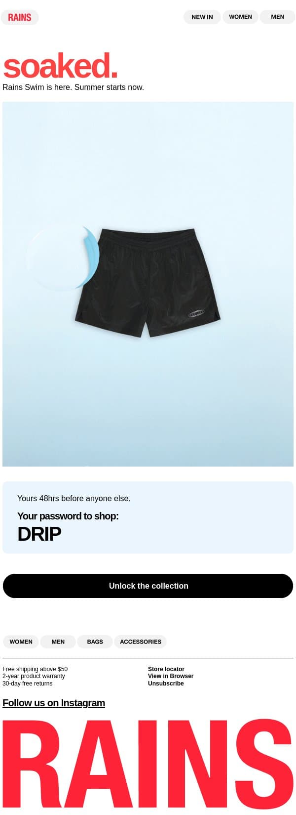 Rains Swim. Access unlocked. email from Rains screenshot