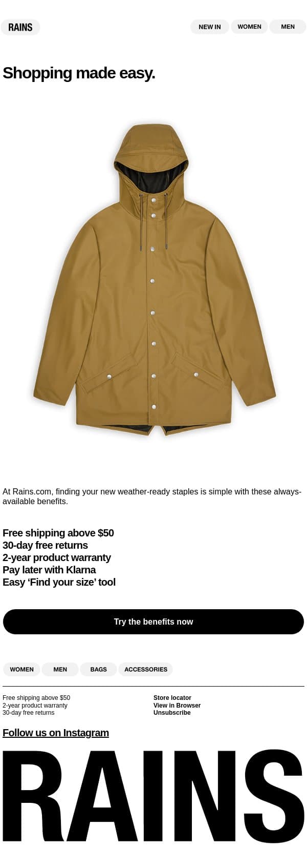 Why shopping is easy at rains.com email from Rains screenshot