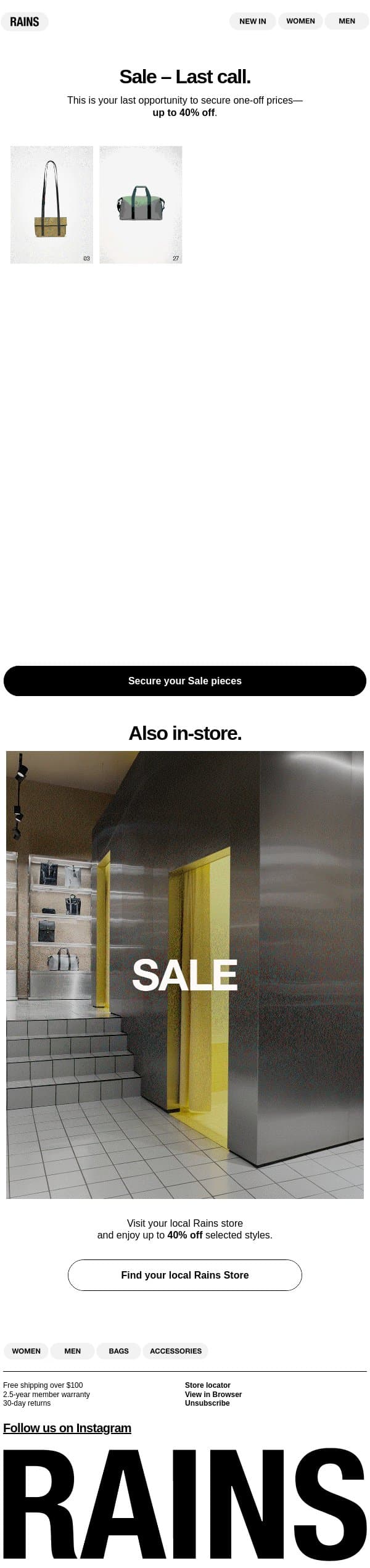 Last call for Sale. email from Rains screenshot