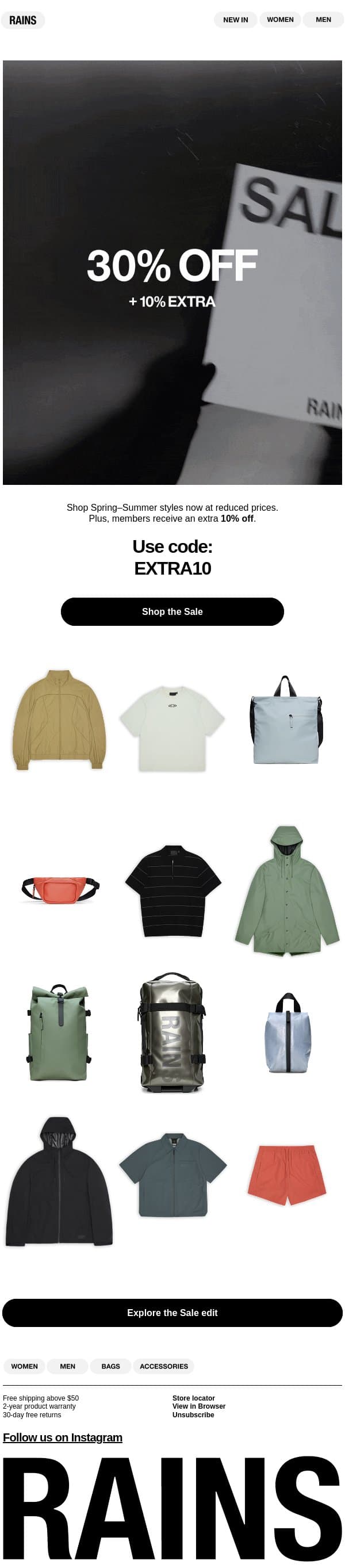 Sale is here. email from Rains screenshot