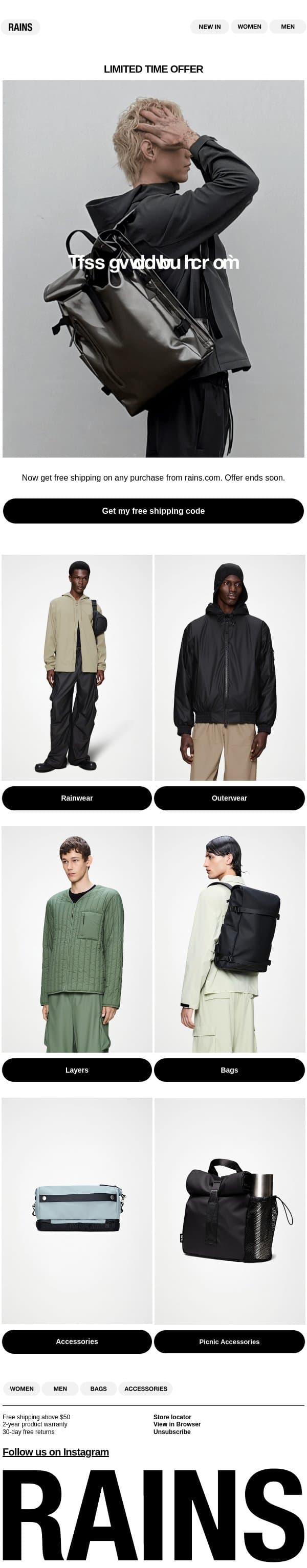 Exclusive offer: Free shipping on your next purchase email from Rains screenshot