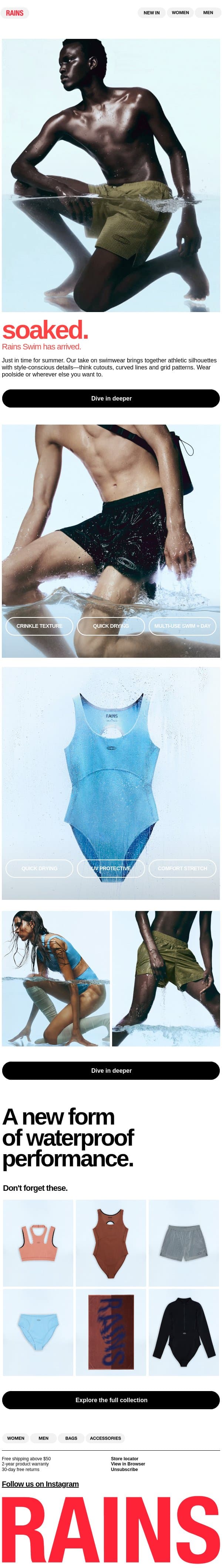 MADE TO GET soaked. email from Rains screenshot