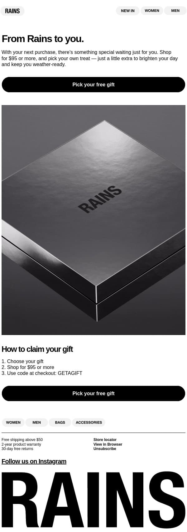 Ready for a surprise? email from Rains screenshot