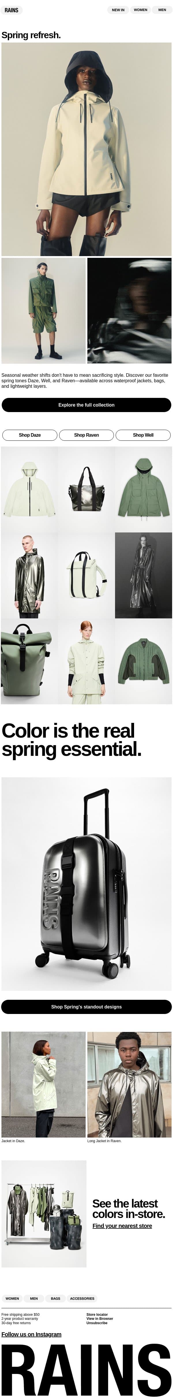 Get ahead of spring showers—in new rainwear. email from Rains screenshot