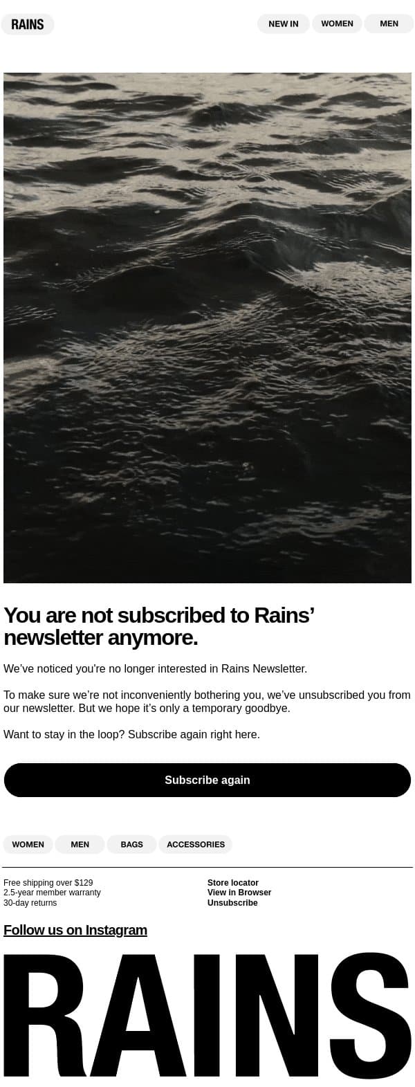 You are no longer subscribing to Rains’ newsletter email from Rains screenshot