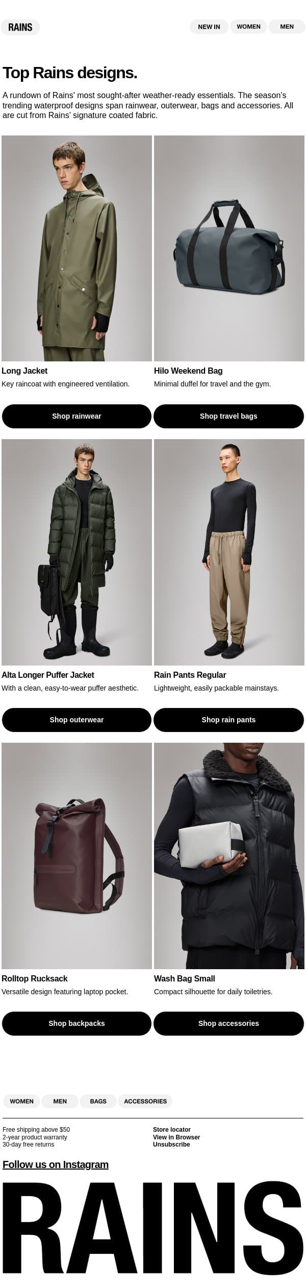 Top Rains designs email from Rains screenshot