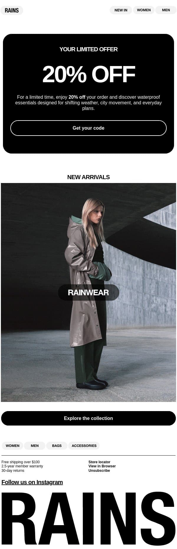 20% off, just for you email from Rains screenshot