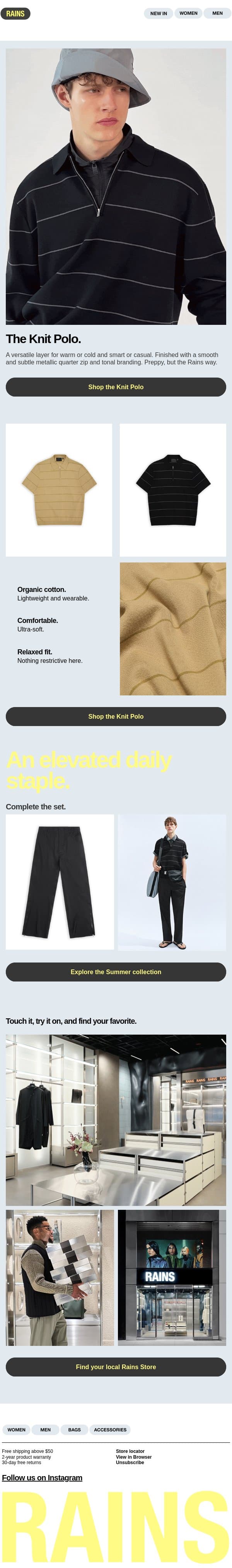 Not too warm. Not too cold. Meet the Knit Polo email from Rains screenshot