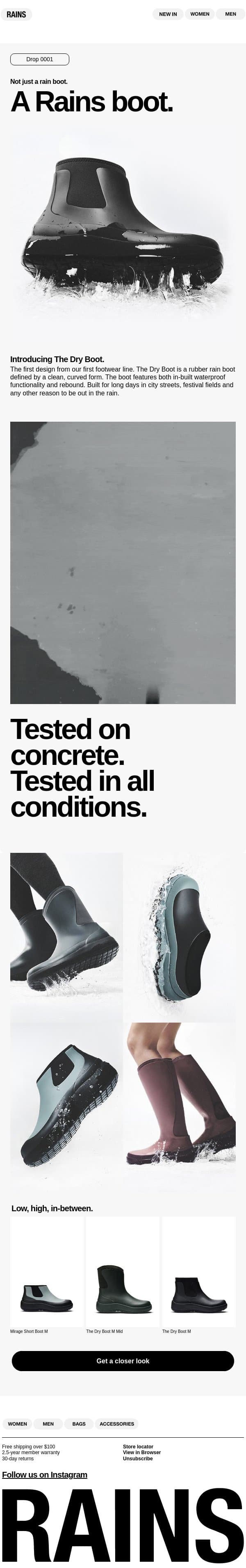 Our next step. Rains Footwear. email from Rains screenshot