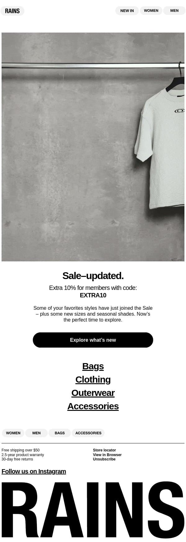 New to Sale. email from Rains screenshot
