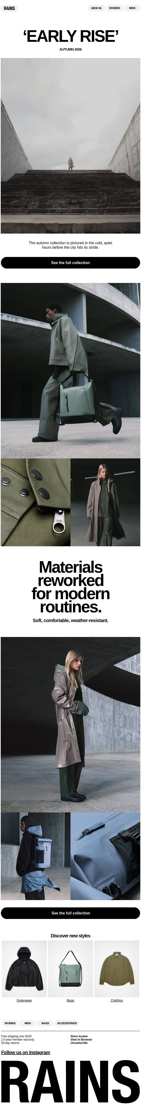 The new collection drops now. email from Rains screenshot