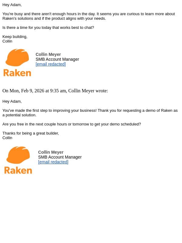 Re: Adam - let's schedule that demo you requested email from Raken screenshot