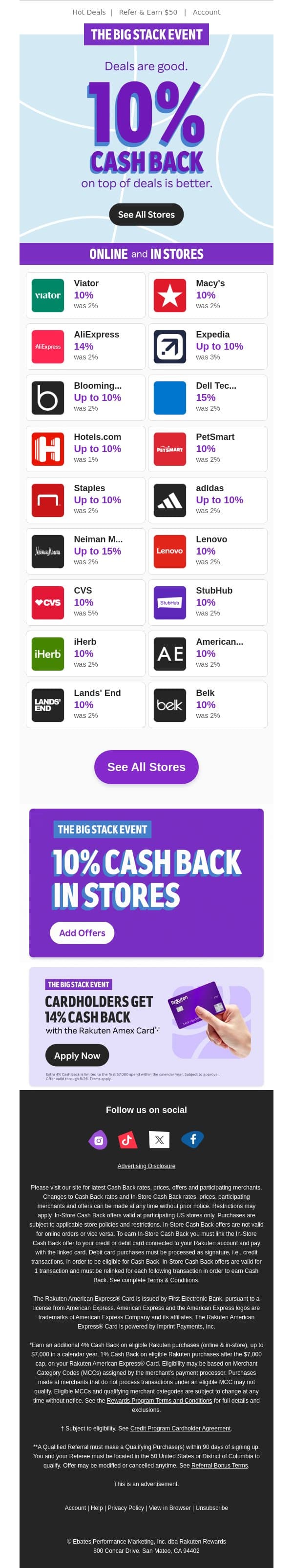 Stack savings on savings with 10% Cash Back on top of deals 🤑 email from Rakuten screenshot