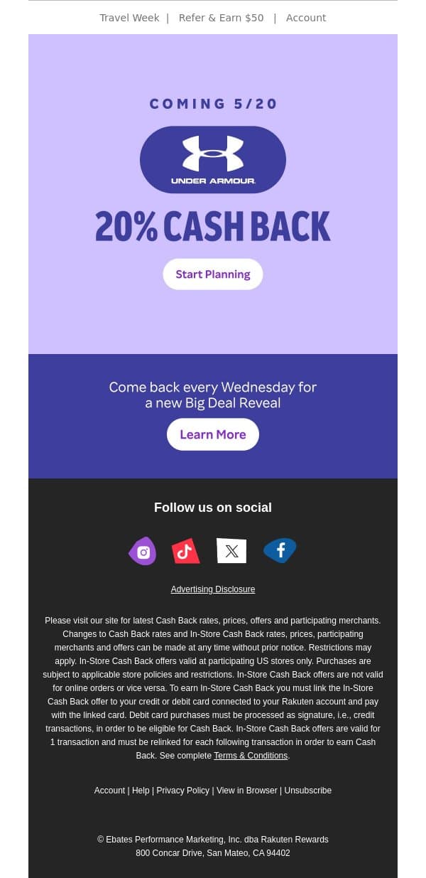 Coming soon 📣 20% Cash Back at Under Armour email from Rakuten screenshot