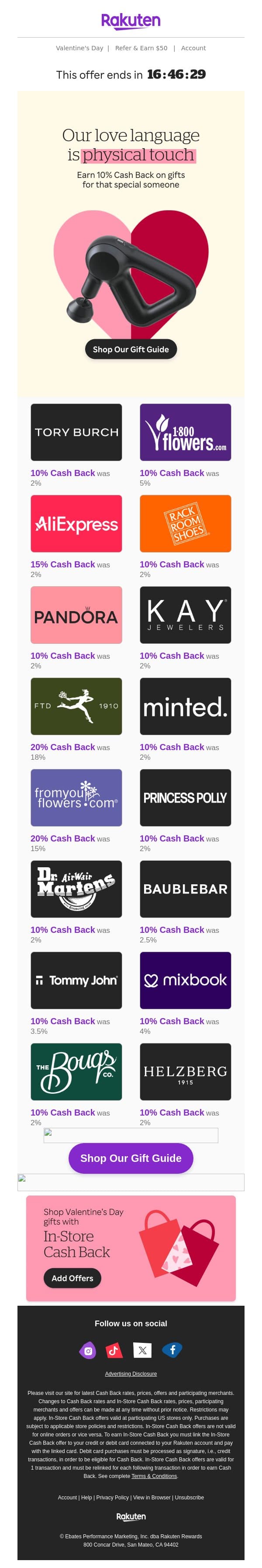 💝10% Cash Back is a love language 💝 email from Rakuten screenshot