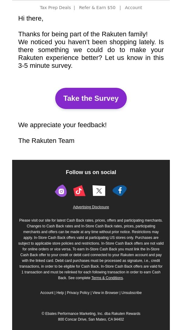 We want to hear from you! email from Rakuten screenshot