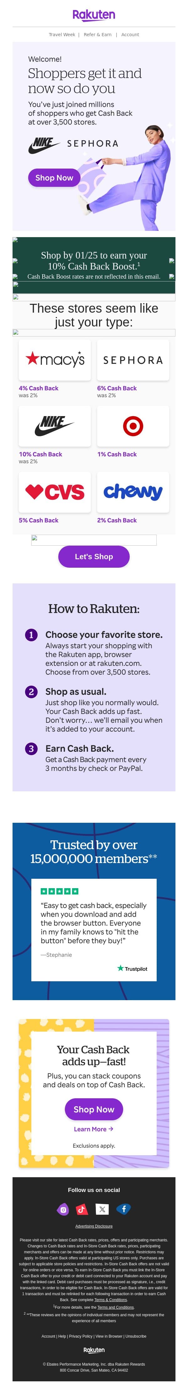 Welcome! Your Cash Back starts now email from Rakuten screenshot