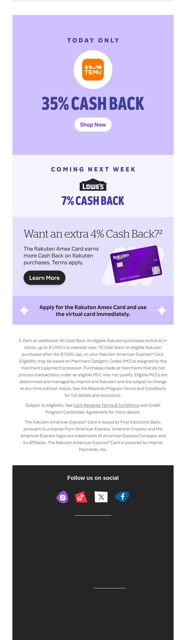 🚨TODAY ONLY 🚨35% Cash Back at TEMU email from Rakuten screenshot