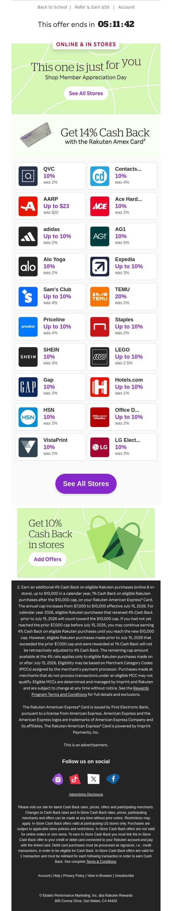 Don’t miss 10% Cash Back for Member Appreciation Day! email from Rakuten screenshot