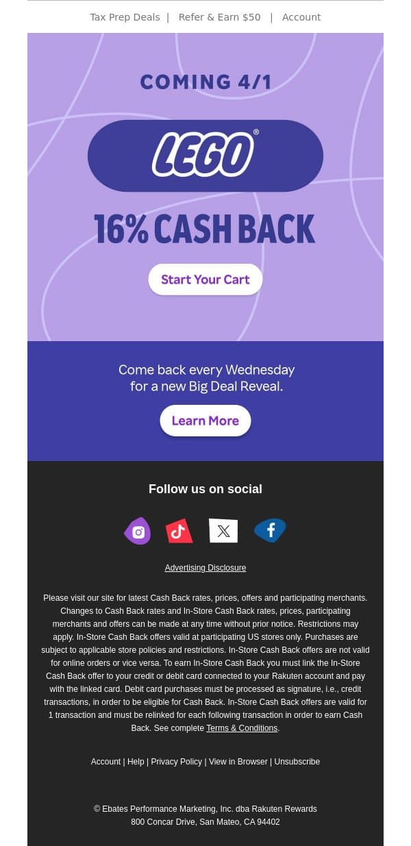 Coming 4/1 📣 16% Cash Back at LEGO email from Rakuten screenshot