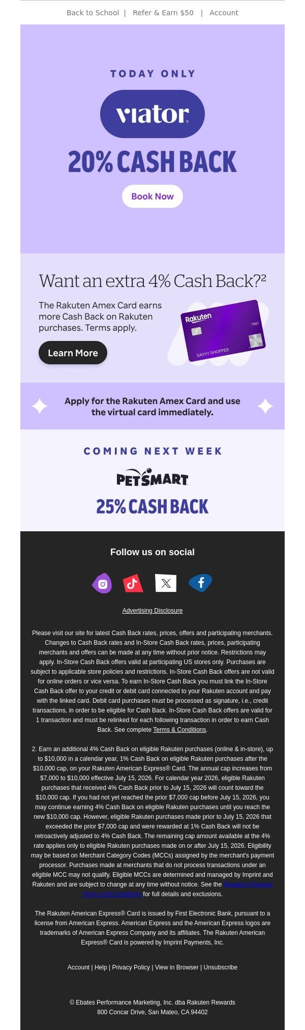 7/22 only 📣 20% Cash Back at Viator email from Rakuten screenshot