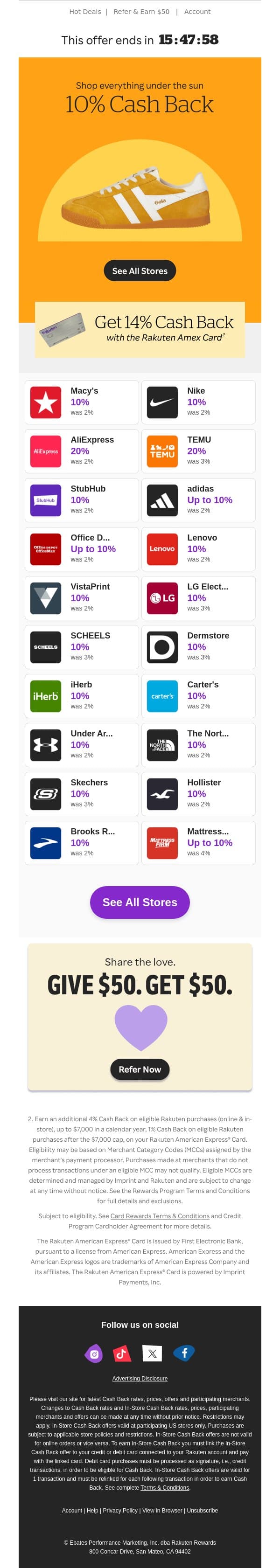These deals are 🔥🔥🔥 10% Cash Back! email from Rakuten screenshot